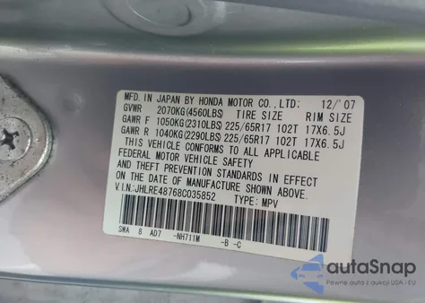 2008 Honda Cr-V Ex-L z USA, uszkodzony, nr VIN JHLRE48768C035852